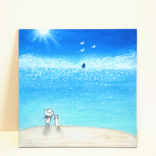 夏！ キラキラ輝く 海 太陽 空 【原画】オイルパステルアート