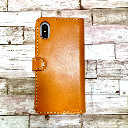 本革　iPhoneケース　スマホケース　キャメル　手帳型　2枚ポケット 2枚ポケット付き 栃木レザーiPhoneケース キャメル スマホケース