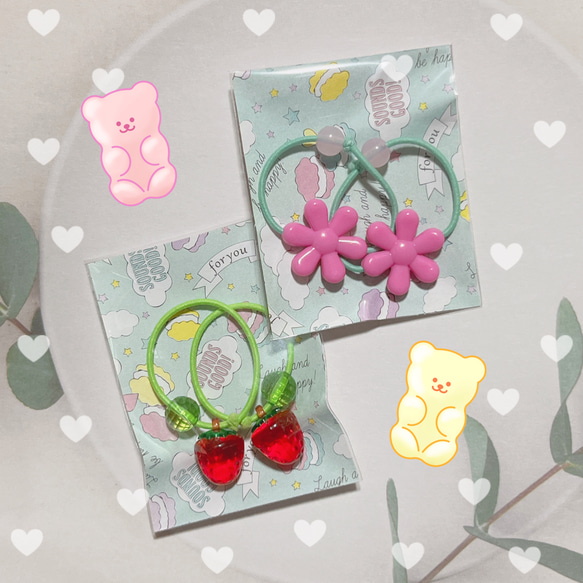 【送料無料】子供用 お花 と イチゴ の ミニヘアゴム (ピンク) 3枚目の画像