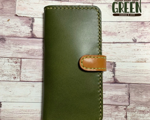 2枚ポケット付き 栃木レザーiPhoneケース オリーブ グリーン×キャメル