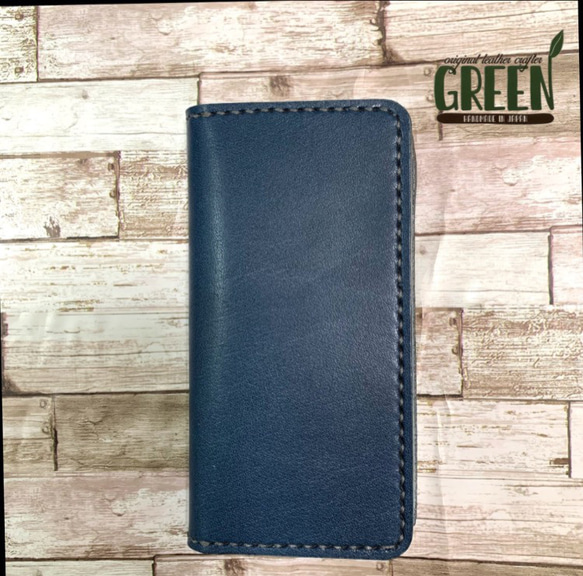 栃木レザー ネイビー×レッド iPhoneケース 手帳型 本革 栃木