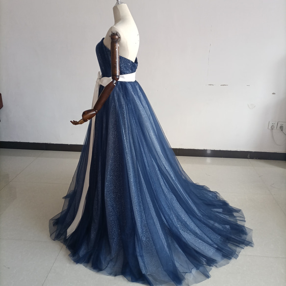 豪華！ カラードレス 青/ブルー キラキラチュール 結婚式/披露宴 6枚目の画像