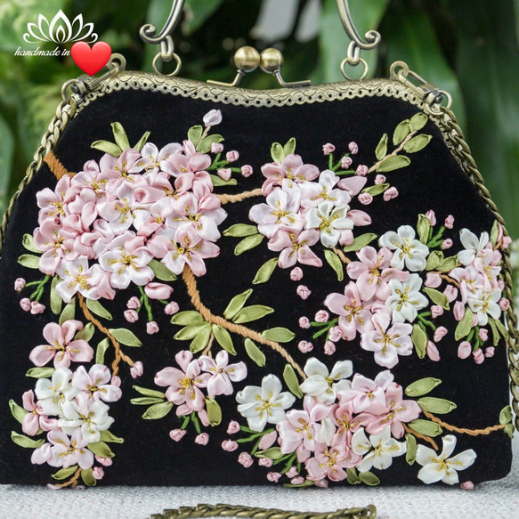 【送料無料】花柄 ビーズ手刺繍 ハンドバッグ パーティー フォーマル　状態キレイ お花手刺繍パーティーバック/サクラ ハンドバッグ ハナ ナイス刺繍