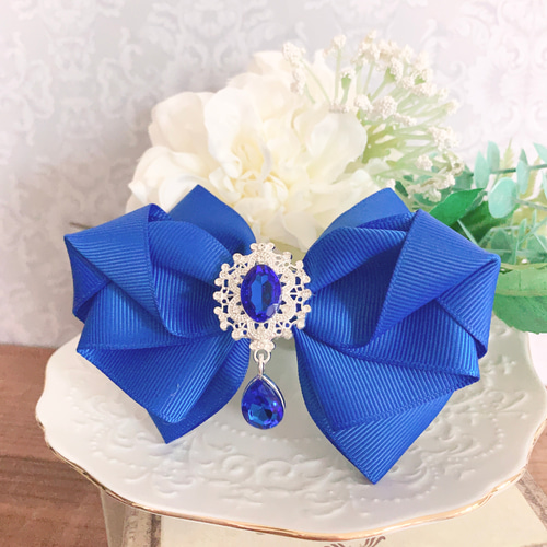 トリプルリボンのバレッタ ＊フレンチブルー×アイスブルー＊フラワーカボション トリプルリボンのバレッタ ＊フレンチブルー×アイスブルー
