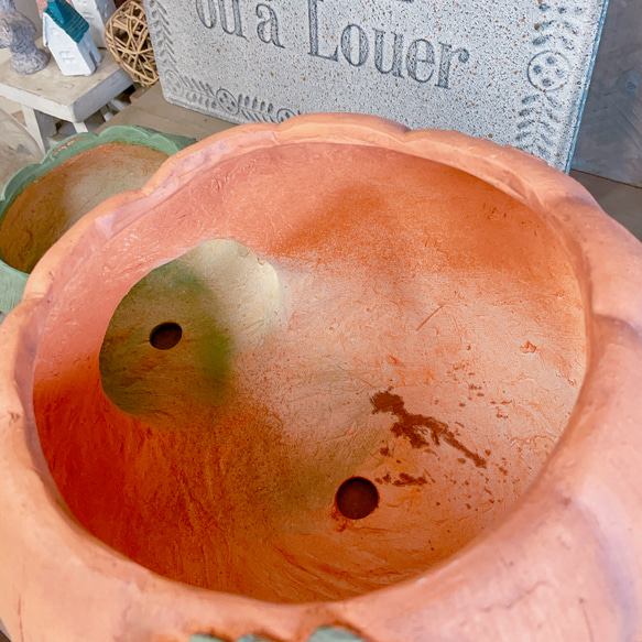 ラスト！大きめハロウィン陶器鉢！寄せ植えにもぴったり♪パンプキン雑貨♡ガーデン雑貨♡横並びカボチャ！オレンジグリーン 13枚目の画像