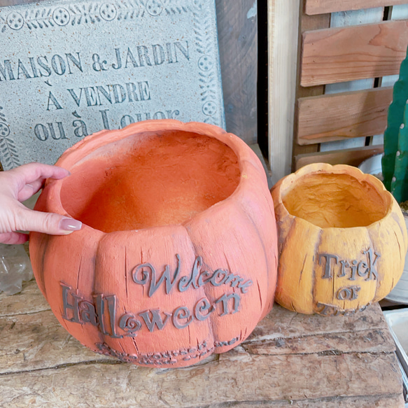 ラスト！大きめハロウィン陶器鉢！寄せ植えにもぴったり♪パンプキン雑貨♡ガーデン雑貨♡横並びカボチャ！オレンジイエロー 10枚目の画像