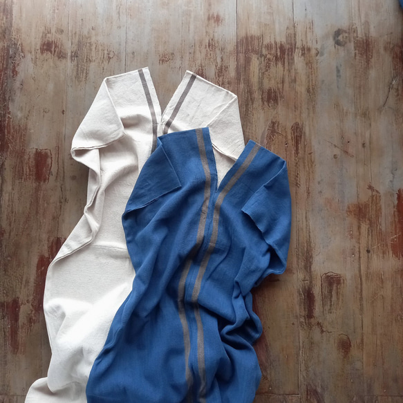 草木染めコットンの手織りワンピース / 藍 / ブラウンライン 13枚目の画像
