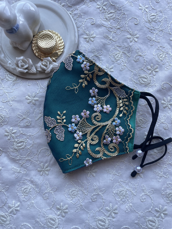 【刺繍レースマスク】エメラルド 浴衣やドレスにも‪ ·͜·♡抗菌加工 4枚目の画像