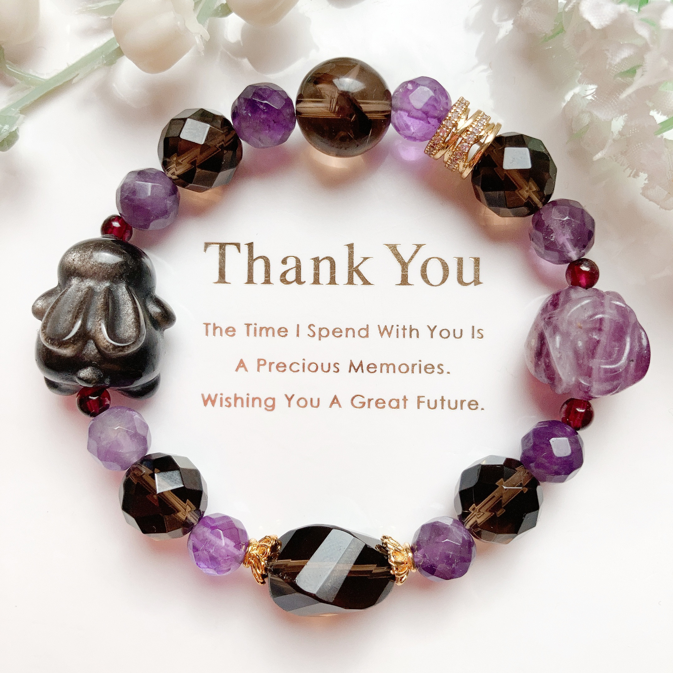 ˚✧₊⁎一点のみ˚✧₊⁎オブシディアンうさぎちゃん薔薇アイリススモーキークォーツ天然石ブレスレット