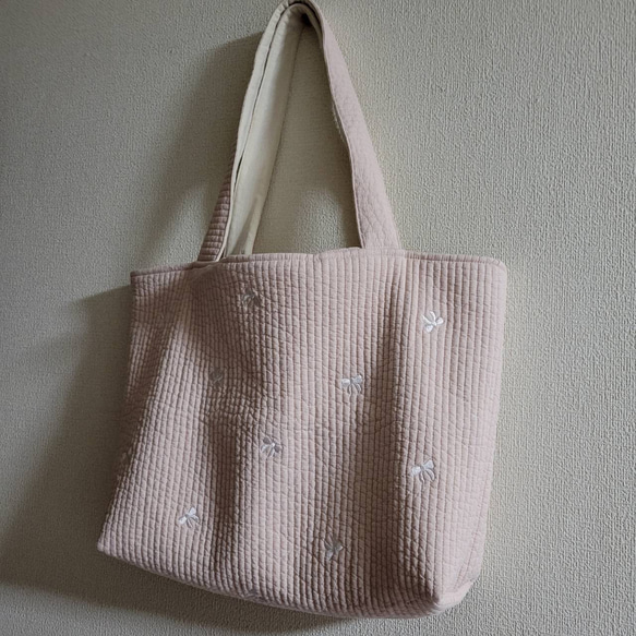 ヌビバッグ リボン刺繍 ピンク マザーズ トートバッグ 2way 2枚目の画像