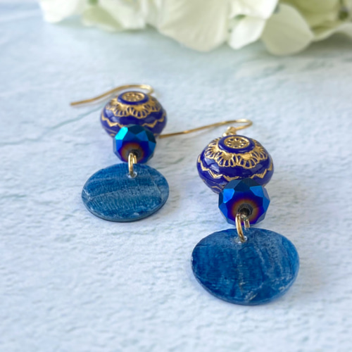 青のエスニック×ガラス×シェルのピアス・イヤリング✴︎アンティーク