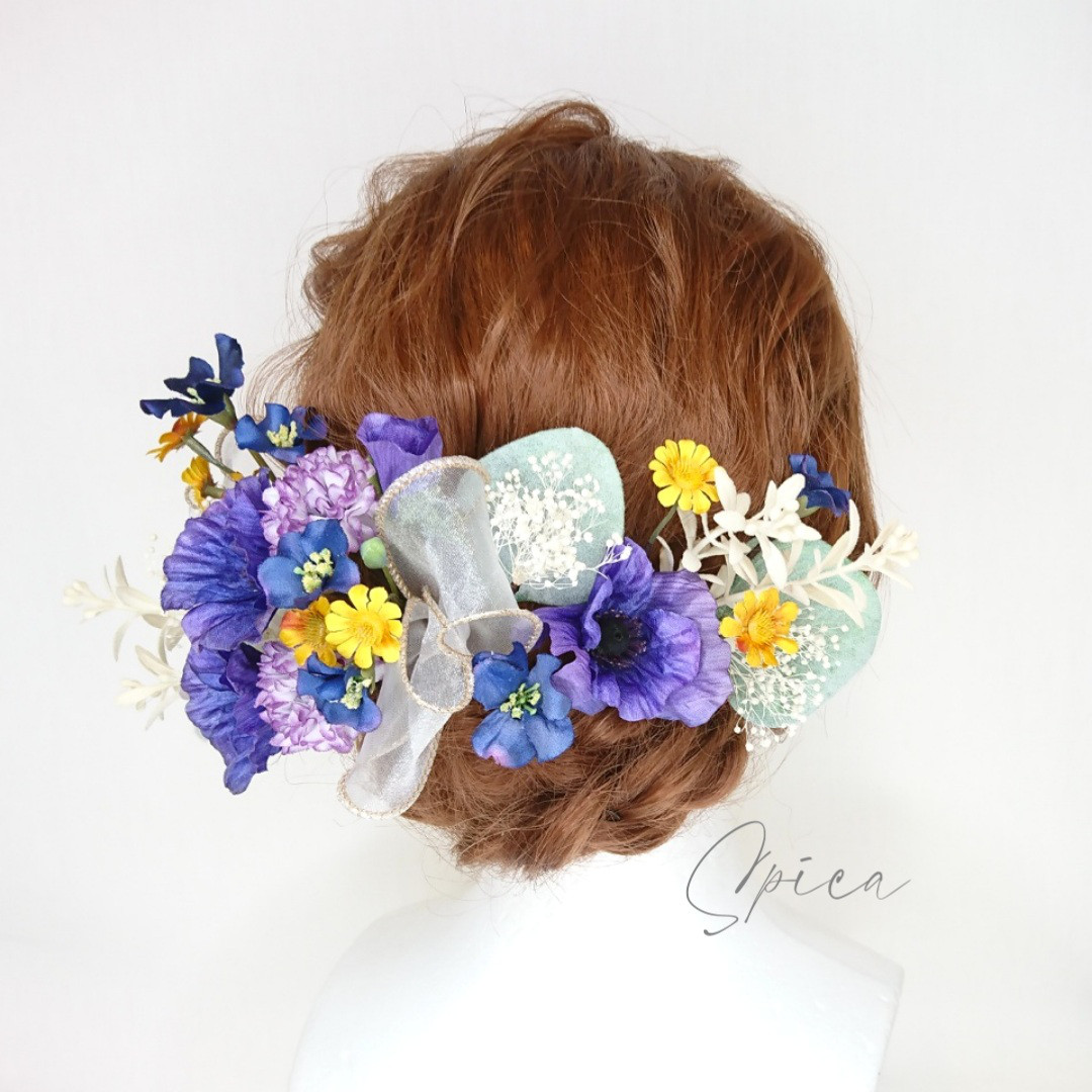 【一点限定】アネモネとプリザかすみ草とリボンのヘッドドレス 成人式 卒業式 ウエディング ブルー