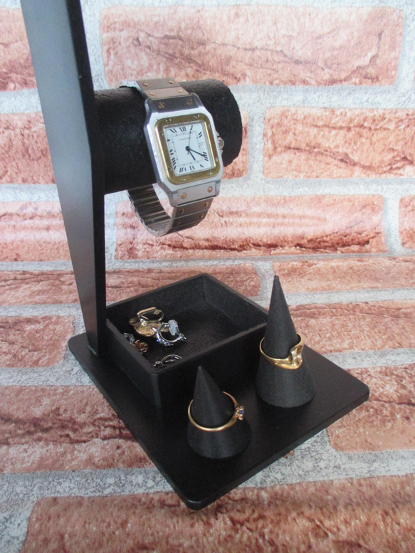 腕時計スタンド　在庫あり　オールブラック2本掛け腕時計スタンド トレイ&リングスタンド 7枚目の画像