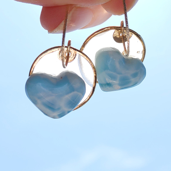 ❁Heart larimar shell coin earrings 14kgf❁可愛いハートラリマー 9枚目の画像