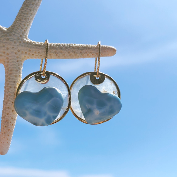 ❁Heart larimar shell coin earrings 14kgf❁可愛いハートラリマー 4枚目の画像