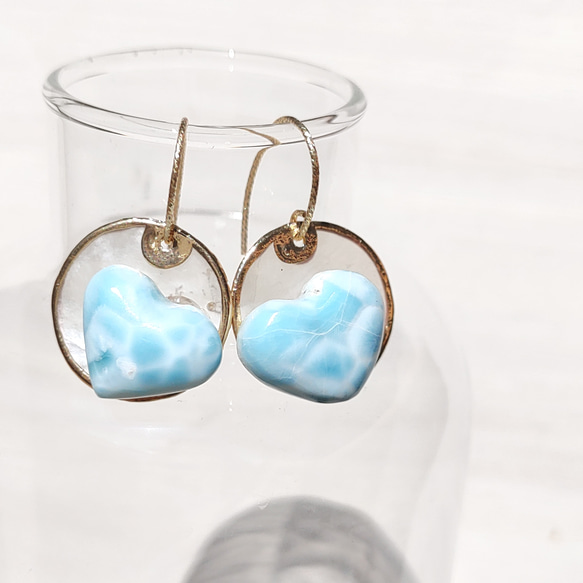 ❁Heart larimar shell coin earrings 14kgf❁可愛いハートラリマー 5枚目の画像