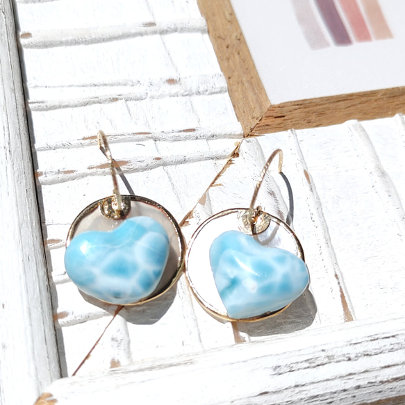 ❁Heart larimar shell coin earrings 14kgf❁可愛いハートラリマー 8枚目の画像