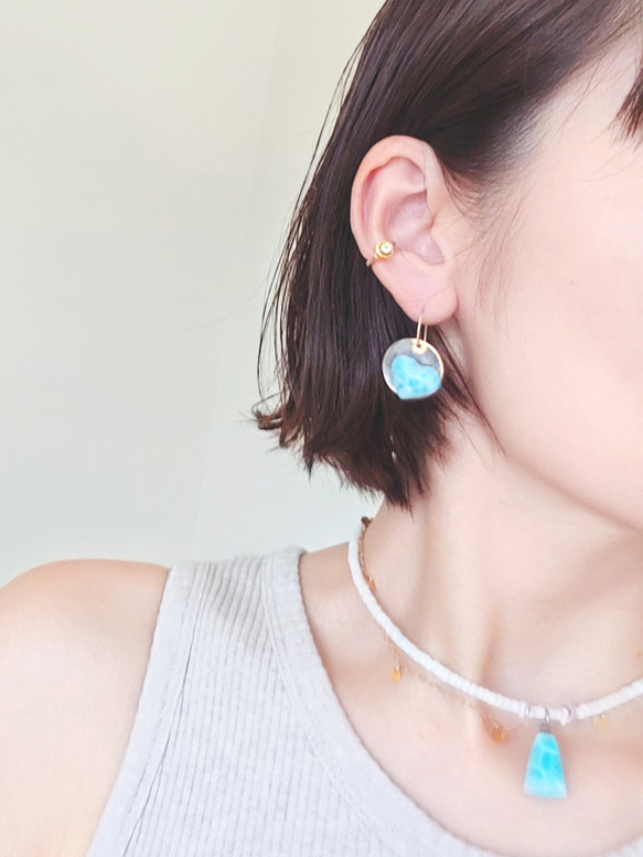 ❁Heart larimar shell coin earrings 14kgf❁可愛いハートラリマー 3枚目の画像