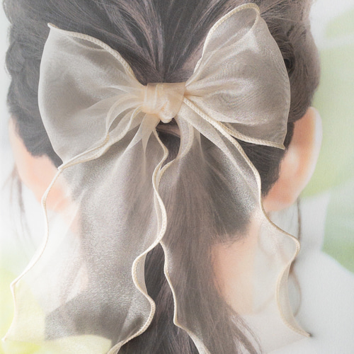 再販》【数量限定】210 オーガンジーリボンの大きめポニーフック cream