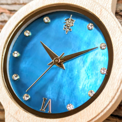 【木製腕時計】EINBAND Prima マザーオブパール×スワロフスキー メイプルウッド ブルー文字盤 34mm 3枚目の画像