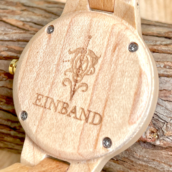 【木製腕時計】EINBAND Prima マザーオブパール×スワロフスキー メイプルウッド ブルー文字盤 34mm 4枚目の画像