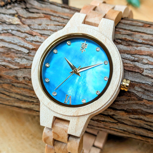 【木製腕時計】EINBAND Prima マザーオブパール×スワロフスキー メイプルウッド ブルー文字盤 34mm 1枚目の画像
