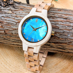 【木製腕時計】EINBAND Prima マザーオブパール×スワロフスキー メイプルウッド ブルー文字盤 34mm 2枚目の画像