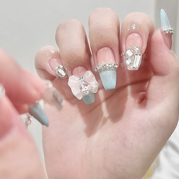 18))リボンネイル フレンチガーリー ワンホン キラキラ 付け爪 ネイルチップ 18))リボンネイル フレンチガーリー ワンホン キラキラ 付け爪 ネイル