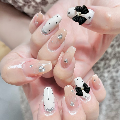 mignonnailネイルチップ 量産型 キルティング ワンホン リボン ピンク