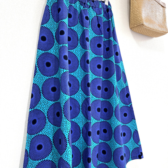 フレアスカート／アフリカンプリント／丈82㎝／小水紋（紫×青緑） 2枚目の画像