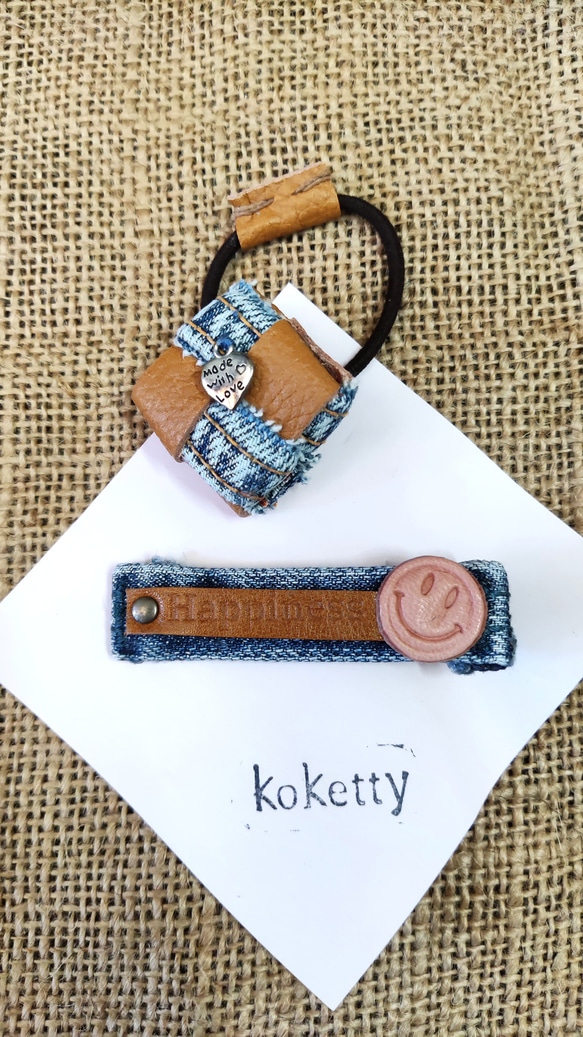 ¨̮デニム×レザーヘアアクセサリーセット リメイクデニムと本革で作って ヘアアクセサリーセット B ヘアゴム