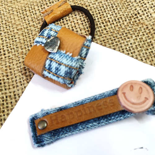 リメイクデニムと本革で作って ヘアアクセサリーセット B ヘアゴム
