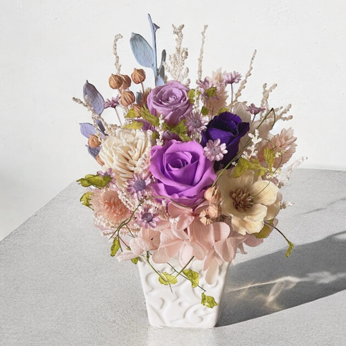 仏花　プリザーブドフラワーアレンジ　クリアケース入り　パープル　お供え花　１対 クリアケース付き プリザーブドフラワー 紫 アレンジメント 誕生