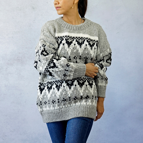 即納可】ローゲージウール・編み込み柄プルオーバー（NP-4310-グレー