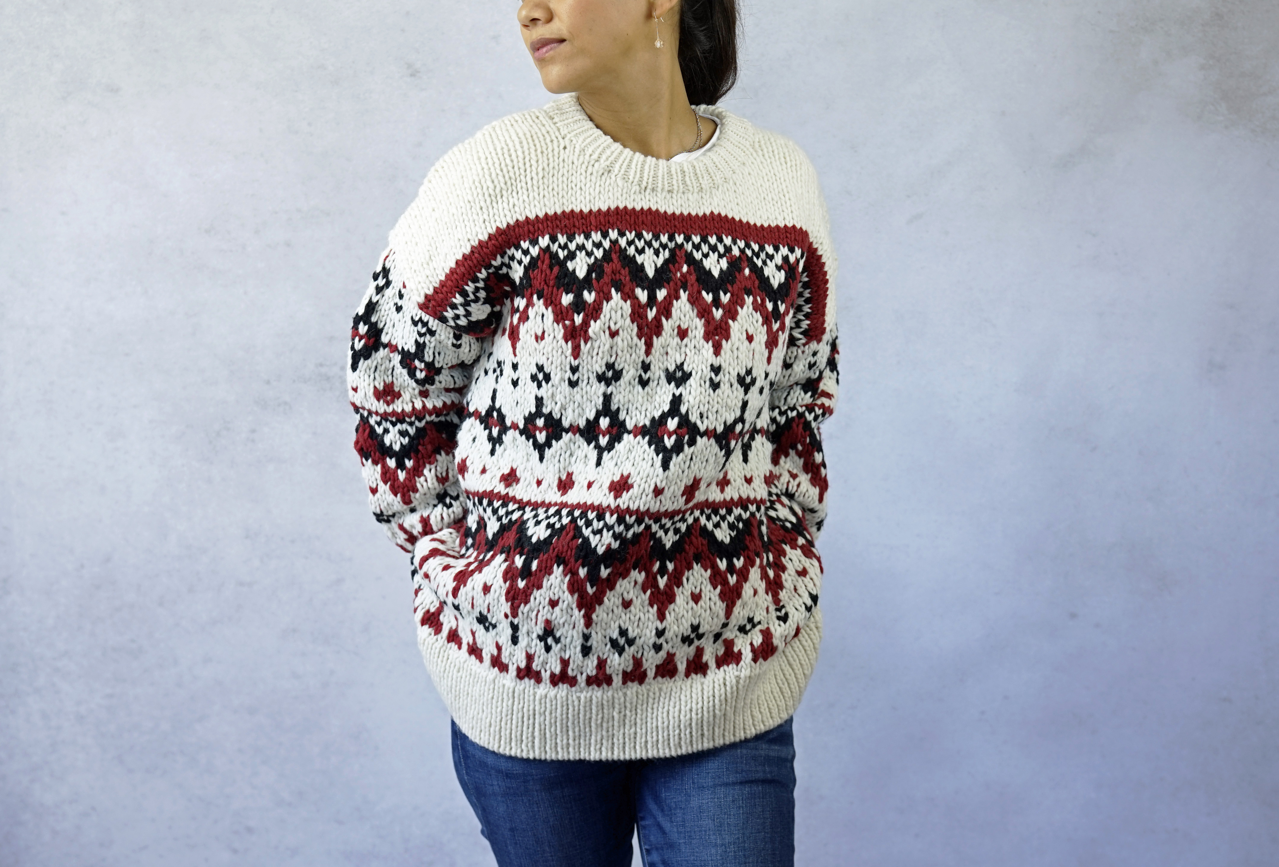 ★SALE【即納可】ローゲージウール・編み込み柄プルオーバー（NP-4310-ホワイト）・ペルーニット