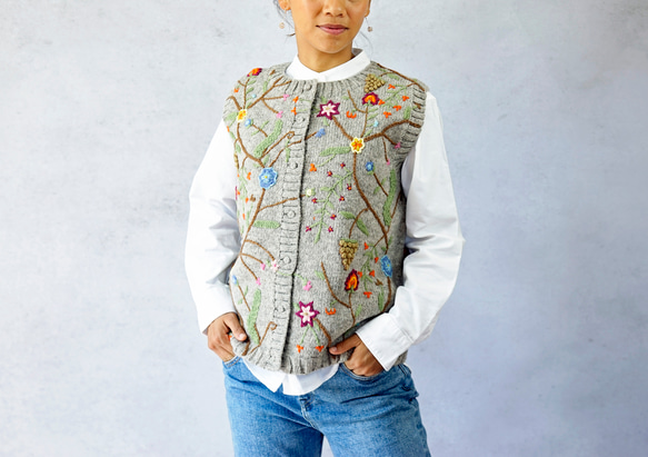 即納可】ウール・総刺繍ベスト（S-370031-グレー）・ペルー