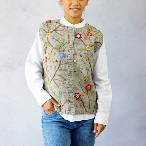 完売】ウール・総刺繍ベスト（S-370031-グレー）・ペルーニット ベスト