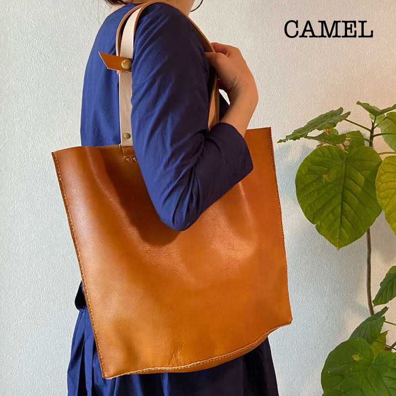「ippi」『Muse』レザートートバッグ/CAMEL、本革、ナチュラル、大きめ、革鞄、イエロー、肩がけ