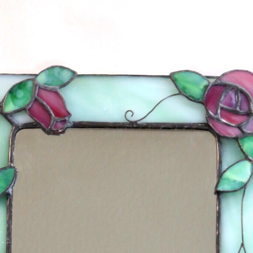 ステンドグラス 鏡 *ピンクのつる薔薇の壁掛けミラー* その他 ステンドグラス 鏡 *ピンクのつる薔薇の壁掛けミラー* その他