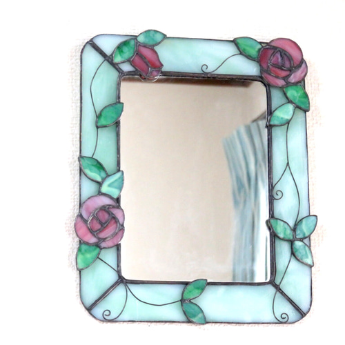 ステンドグラス 鏡 ＊ピンクのつる薔薇の壁掛けミラー＊ その他