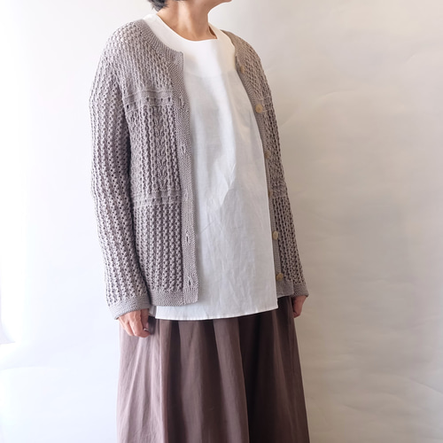 春夏秋 手編みコットンシルクのカーディガンｰブラウン カーディガン  