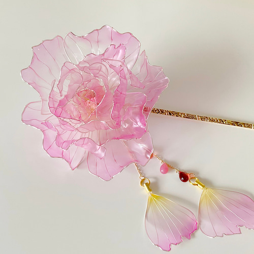 酔芙蓉（ピンク）の簪 アメリカンフラワー/ディップアート