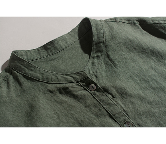 夏 3色 レディース フレンチ リネン シャツ 七分袖 ブラウス スタンドカラー ブラウス ポケット付き 5枚目の画像