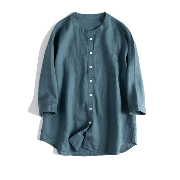 夏 3色 レディース フレンチ リネン シャツ 七分袖 ブラウス スタンドカラー ブラウス ポケット付き 1枚目の画像