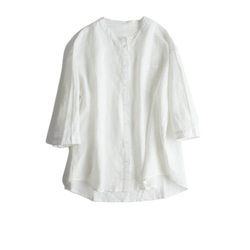 夏  3色 レディース フレンチ リネン シャツ  七分袖 ブラウス  スタンドカラー ブラウス  ポケット付き 2枚目の画像