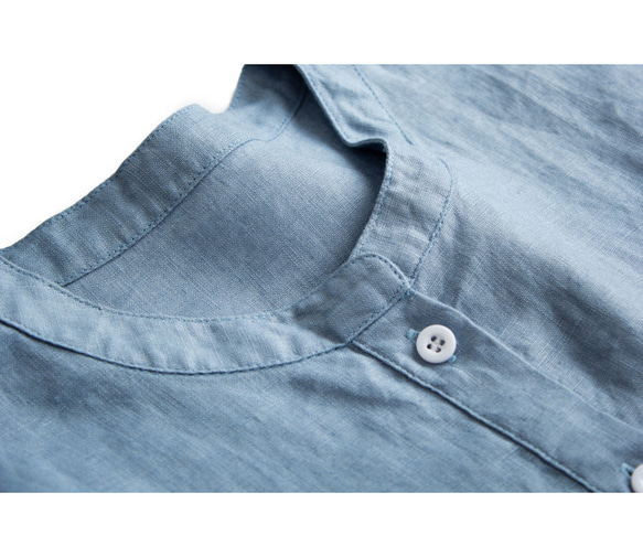 夏  3色 レディース フレンチ リネン シャツ  七分袖 ブラウス  スタンドカラー ブラウス  ポケット付き 5枚目の画像