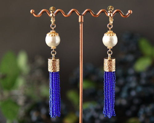 チャイナ風タッセル イヤリング/ピアス(青) イヤリング