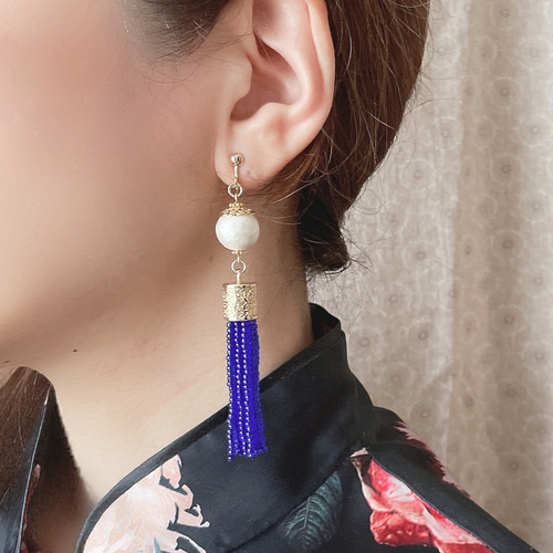 チャイナ風タッセル イヤリング/ピアス(青) イヤリング