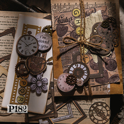 送料無料【P182 コラージュ素材】海外紙モノ　フレーム　時計　ヴィンテージ  デザインペーパージャーナル 4枚目の画像