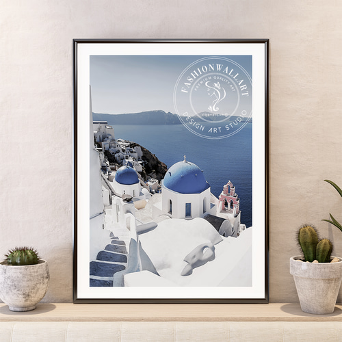 アートポスター サントリーニ島 エーゲ海 青いドーム 地中海リゾート